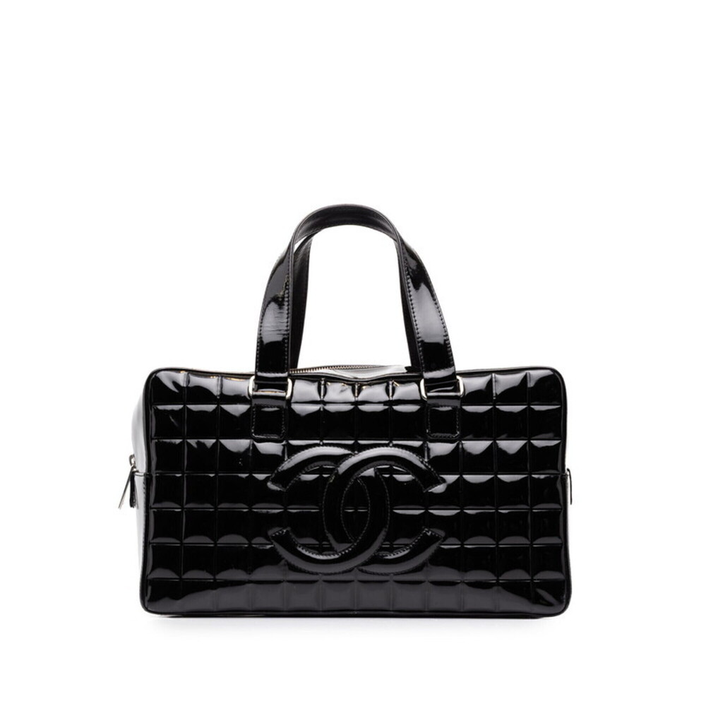 Chanel Coco Mark Chocolate Bar Handbag Mini Boston A19271 Black Patent Leathe...